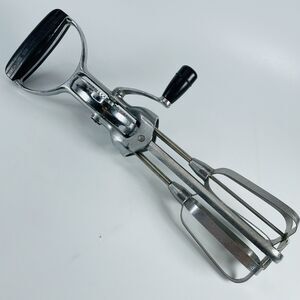 Vintage EKCO Hand Crank Mixer Egg Beater Chrome Black Handle USA Stainless Steel